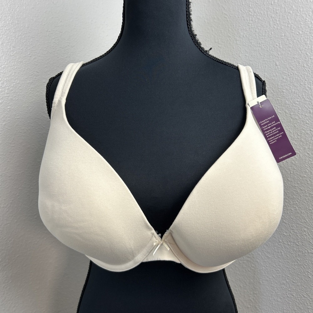 New Cacique Bra Cotton Boost Plunge 42F 42DDD Underwire Cream‎ Push Up
